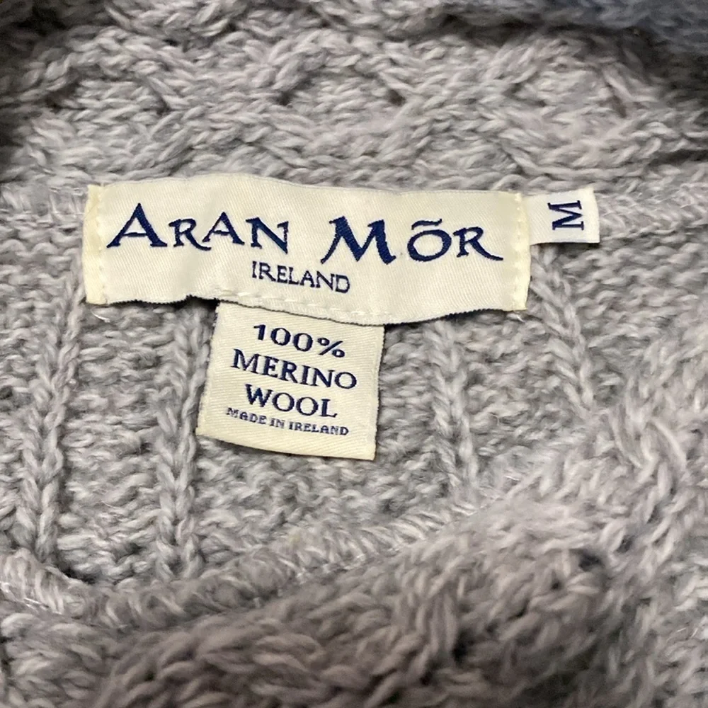 Aran Mor Merino Wool Ireland Cozy Gray Cable Knit Turtleneck Sweater Sz M - Picture 10 of 11